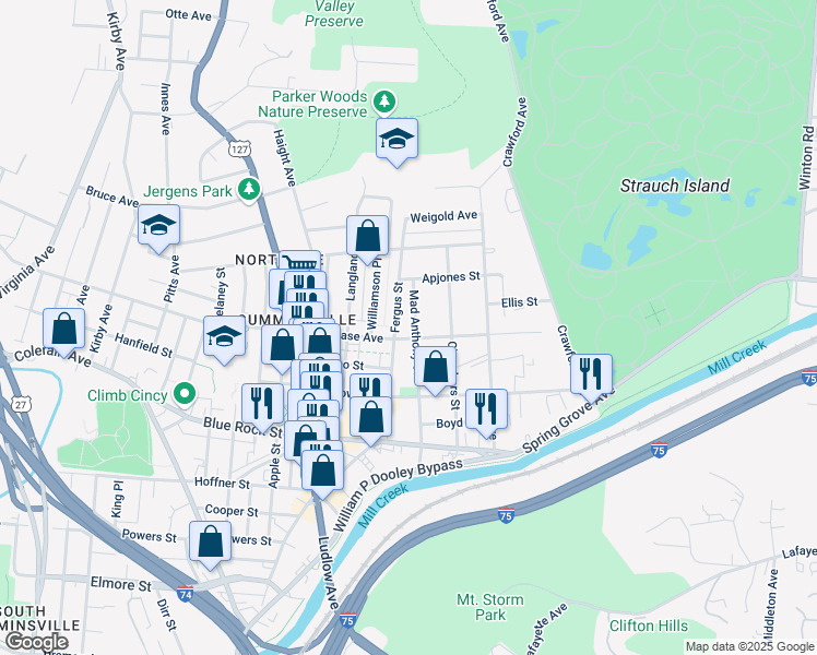 map of restaurants, bars, coffee shops, grocery stores, and more near 4207 Mad Anthony Street in Cincinnati