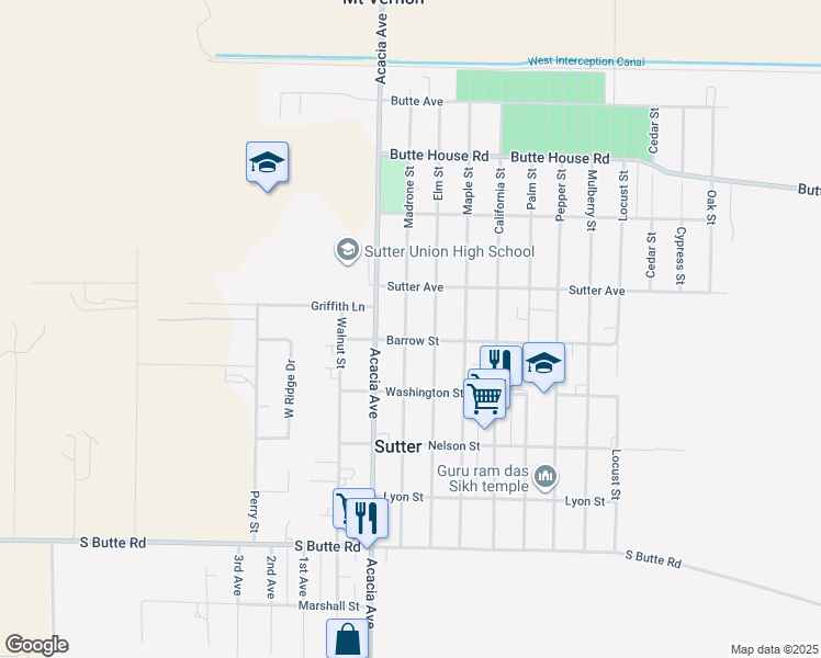 map of restaurants, bars, coffee shops, grocery stores, and more near 2417 Madrone Street in Sutter