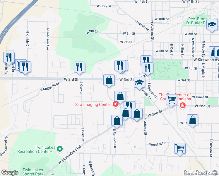 map of restaurants, bars, coffee shops, grocery stores, and more near 345 South Landmark Avenue in Bloomington