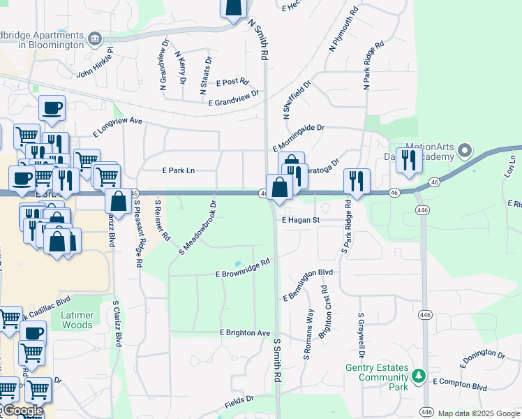 map of restaurants, bars, coffee shops, grocery stores, and more near 3800 East 3rd Street in Bloomington