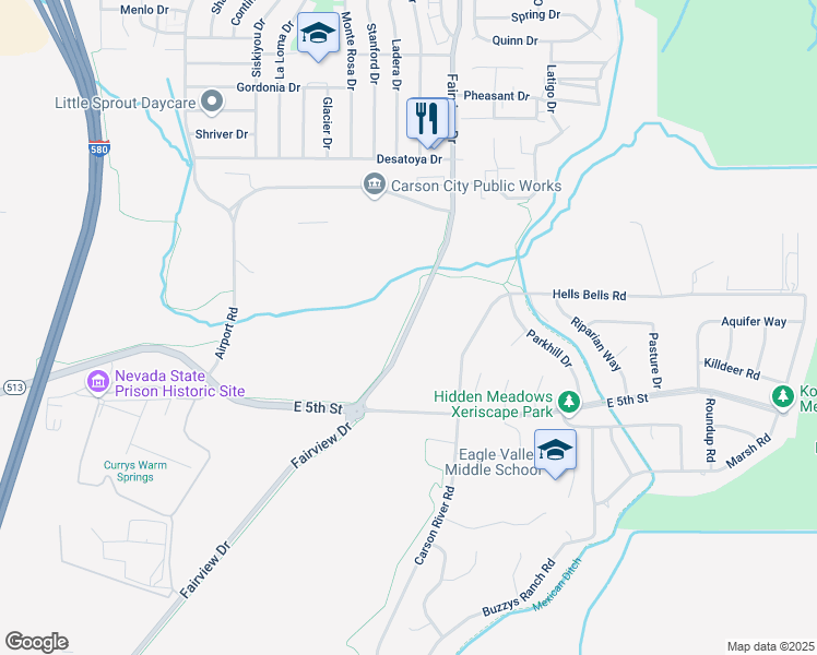 map of restaurants, bars, coffee shops, grocery stores, and more near 343 Fairview Drive in Carson City