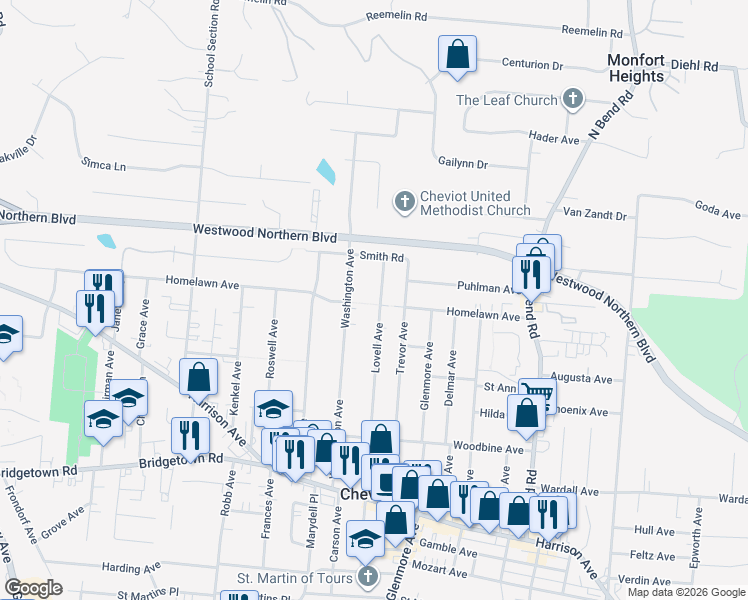 map of restaurants, bars, coffee shops, grocery stores, and more near 4010 Washington Avenue in Cincinnati