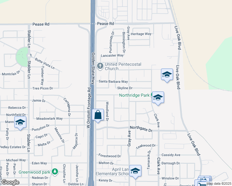 map of restaurants, bars, coffee shops, grocery stores, and more near 1187 Northridge Drive in Yuba City
