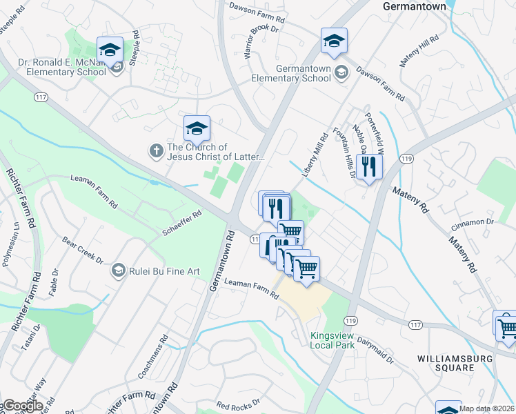 map of restaurants, bars, coffee shops, grocery stores, and more near 18815 McFarlin Drive in Germantown