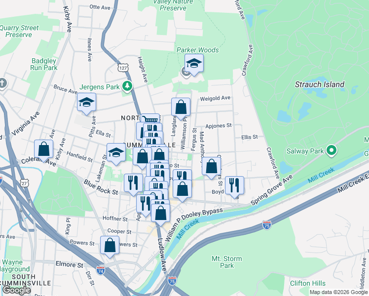 map of restaurants, bars, coffee shops, grocery stores, and more near 4208 Williamson Place in Cincinnati