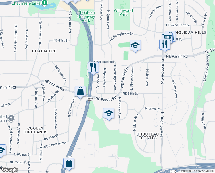map of restaurants, bars, coffee shops, grocery stores, and more near 3817 North Spruce Avenue in Kansas City