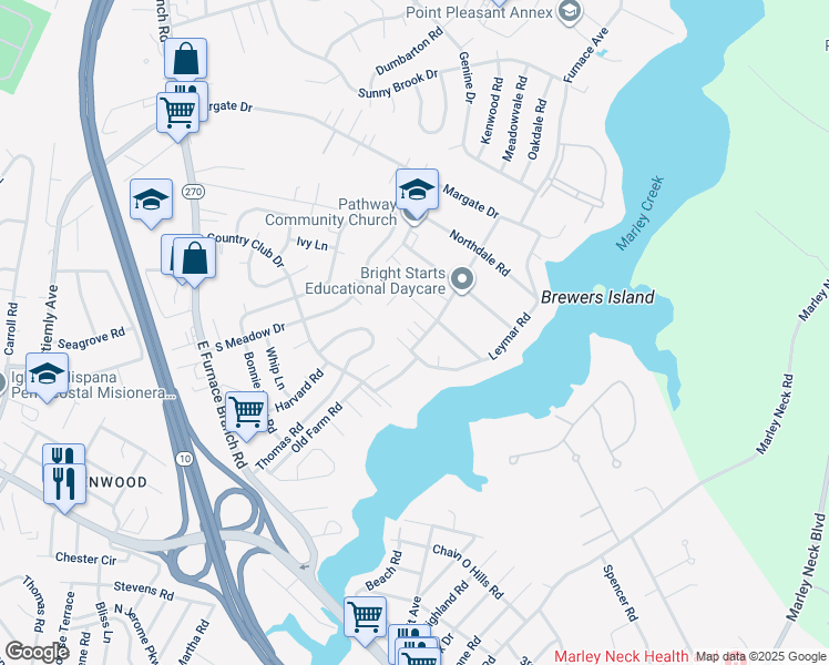 map of restaurants, bars, coffee shops, grocery stores, and more near 2 Benmere Road in Glen Burnie