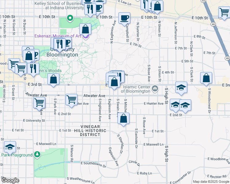 map of restaurants, bars, coffee shops, grocery stores, and more near 322 South Swain Avenue in Bloomington