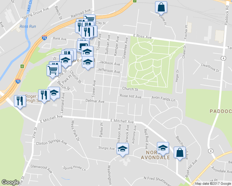 map of restaurants, bars, coffee shops, grocery stores, and more near 4327 Greenlee Avenue in Cincinnati