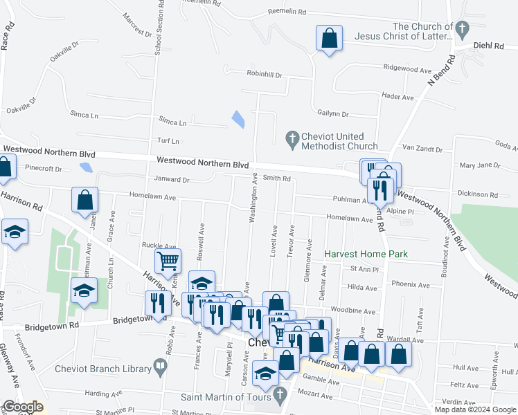 map of restaurants, bars, coffee shops, grocery stores, and more near 4010 Washington Avenue in Cincinnati