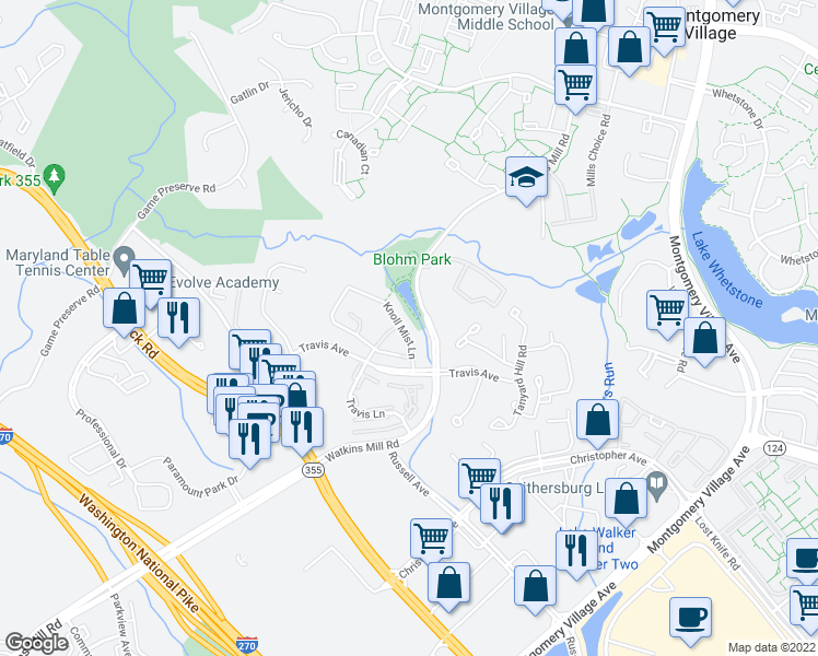map of restaurants, bars, coffee shops, grocery stores, and more near 1147 Knoll Mist Lane in Gaithersburg