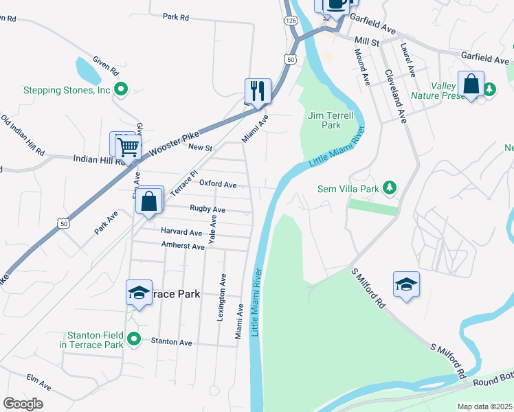 map of restaurants, bars, coffee shops, grocery stores, and more near 315 Miami Avenue in Terrace Park