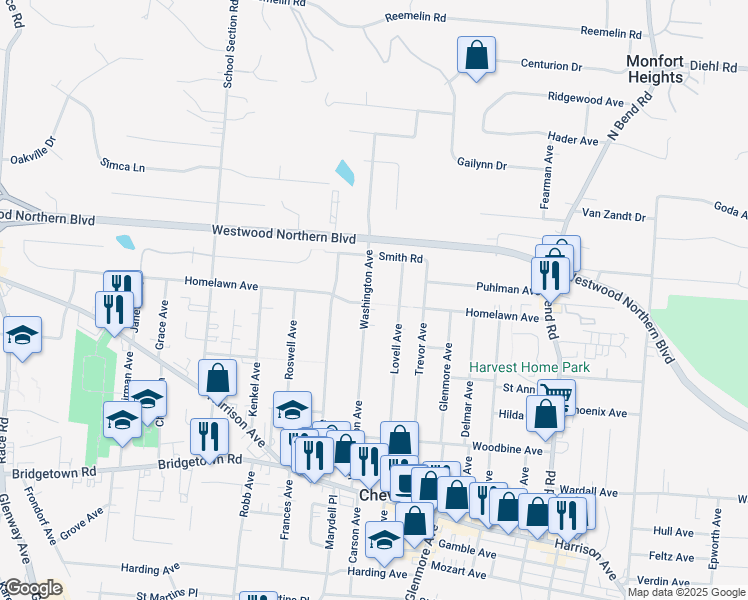 map of restaurants, bars, coffee shops, grocery stores, and more near 4010 Washington Avenue in Cincinnati