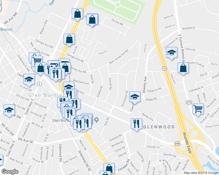 map of restaurants, bars, coffee shops, grocery stores, and more near 116 Garrett Road in Glen Burnie