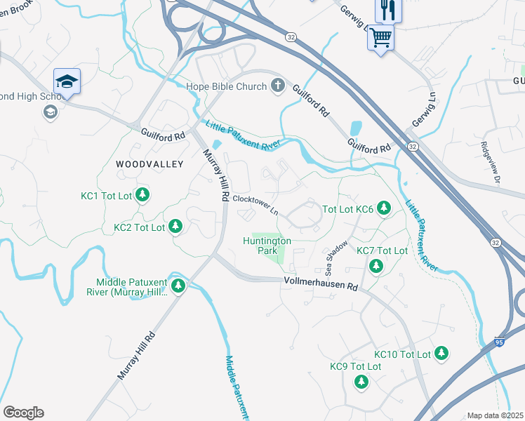 map of restaurants, bars, coffee shops, grocery stores, and more near 9729 Clocktower Lane in Columbia