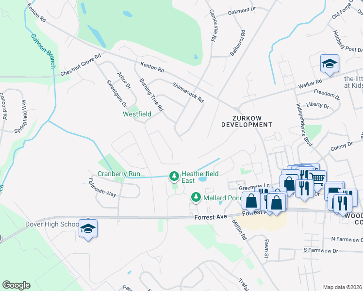 map of restaurants, bars, coffee shops, grocery stores, and more near 429 West Carnoustie Road in Dover