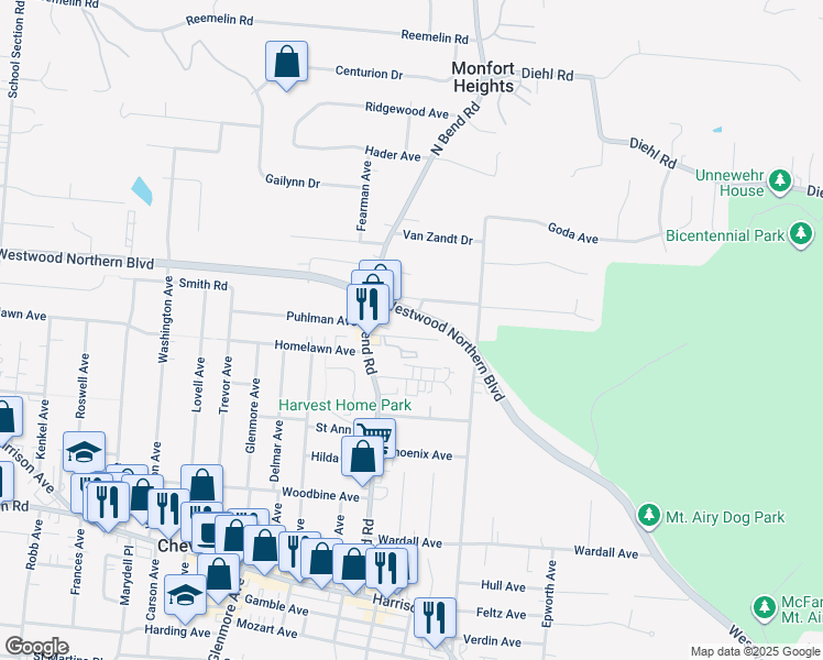 map of restaurants, bars, coffee shops, grocery stores, and more near 3306 Alpine Place in Cincinnati