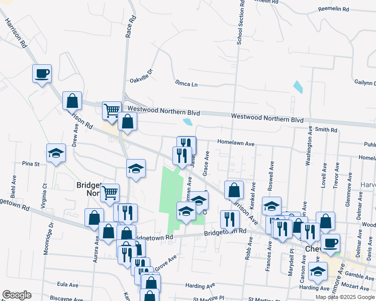 map of restaurants, bars, coffee shops, grocery stores, and more near 3967 Janett Avenue in Cincinnati