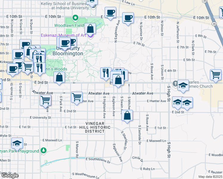 map of restaurants, bars, coffee shops, grocery stores, and more near 322 1/2 South Jordan Avenue in Bloomington