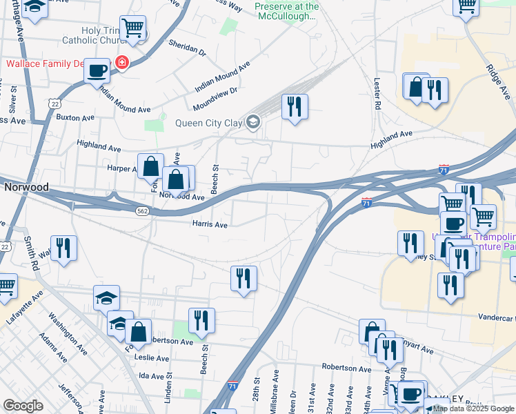 map of restaurants, bars, coffee shops, grocery stores, and more near 2765 Norwood Avenue in Cincinnati