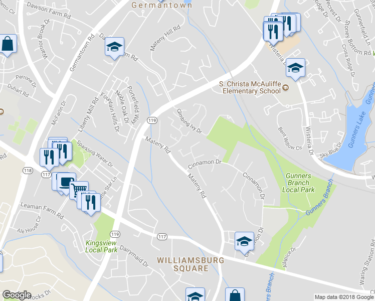 map of restaurants, bars, coffee shops, grocery stores, and more near 13007 Thyme Court in Germantown
