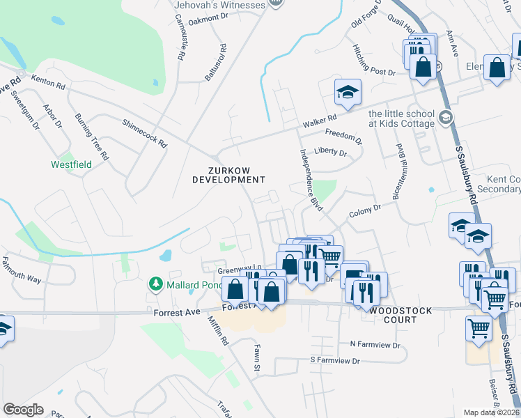map of restaurants, bars, coffee shops, grocery stores, and more near 12 Harlech Hall in Dover