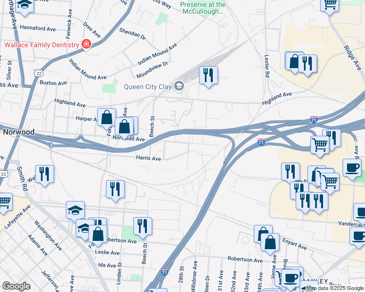 map of restaurants, bars, coffee shops, grocery stores, and more near 2765 Norwood Avenue in Cincinnati