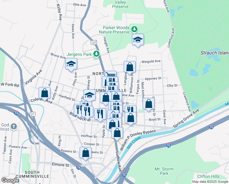 map of restaurants, bars, coffee shops, grocery stores, and more near in Cincinnati