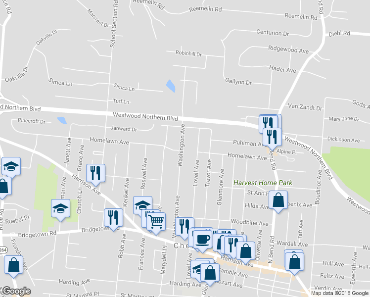 map of restaurants, bars, coffee shops, grocery stores, and more near 4010 Washington Avenue in Cincinnati