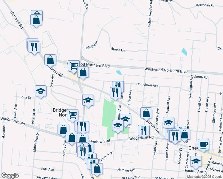 map of restaurants, bars, coffee shops, grocery stores, and more near 4634 Harrison Avenue in Cincinnati