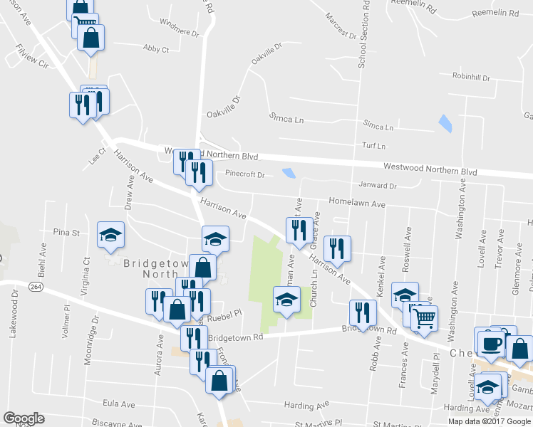 map of restaurants, bars, coffee shops, grocery stores, and more near 4634 Harrison Avenue in Cincinnati