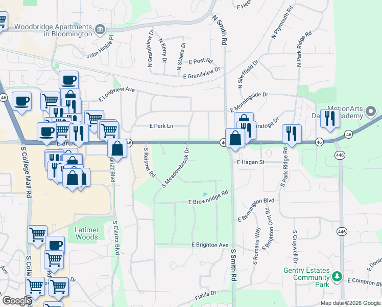 map of restaurants, bars, coffee shops, grocery stores, and more near 301-399 S Meadowbrook Dr in Bloomington