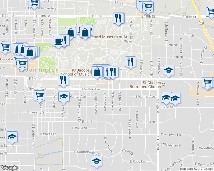 map of restaurants, bars, coffee shops, grocery stores, and more near 1500 East 3rd Street in Bloomington