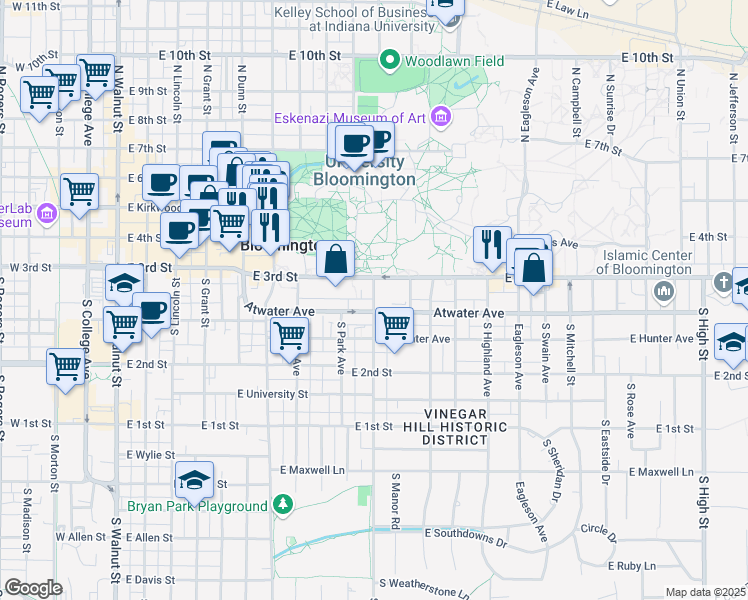 map of restaurants, bars, coffee shops, grocery stores, and more near 818 East 3rd Street in Bloomington
