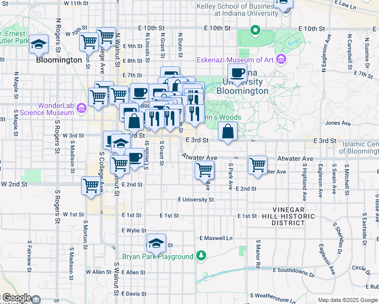 map of restaurants, bars, coffee shops, grocery stores, and more near 324 South Henderson Street in Bloomington