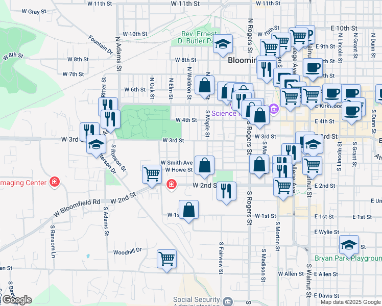 map of restaurants, bars, coffee shops, grocery stores, and more near 920 West Smith Avenue in Bloomington