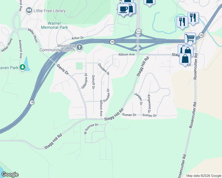 map of restaurants, bars, coffee shops, grocery stores, and more near 830 Dondee Drive in Manhattan