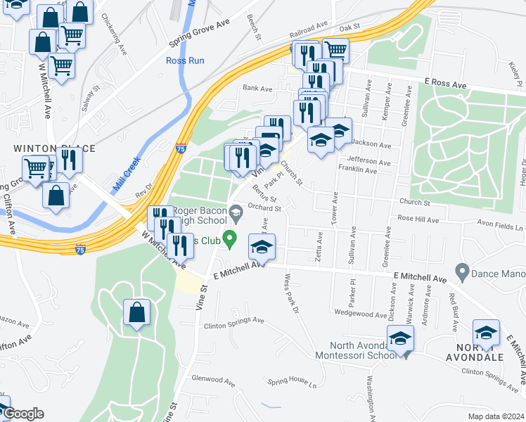 map of restaurants, bars, coffee shops, grocery stores, and more near 4279 Leonard Avenue in Cincinnati