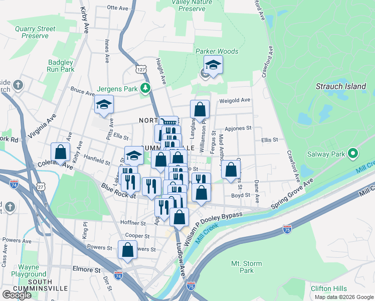 map of restaurants, bars, coffee shops, grocery stores, and more near 4207 Langland Street in Cincinnati