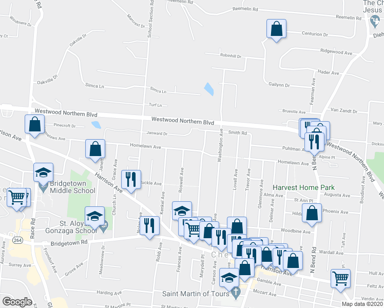map of restaurants, bars, coffee shops, grocery stores, and more near 4049 Homelawn Avenue in Cincinnati