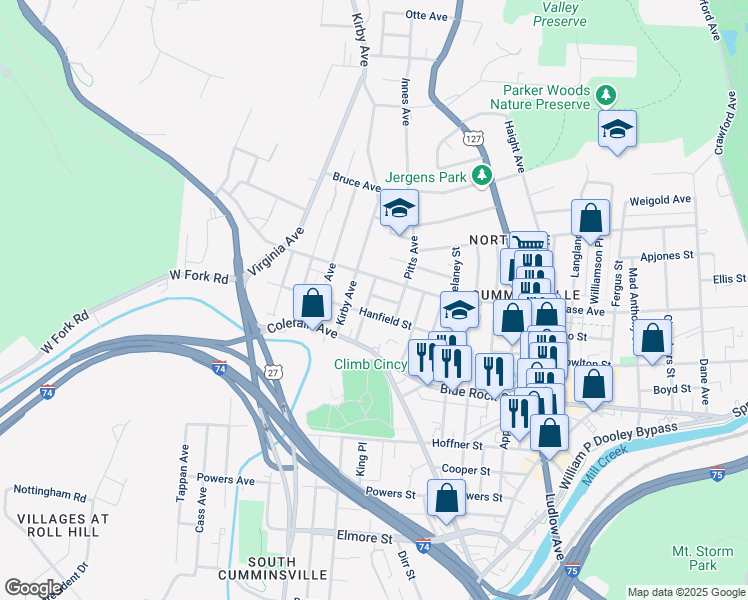 map of restaurants, bars, coffee shops, grocery stores, and more near 1751 Jester Street in Cincinnati