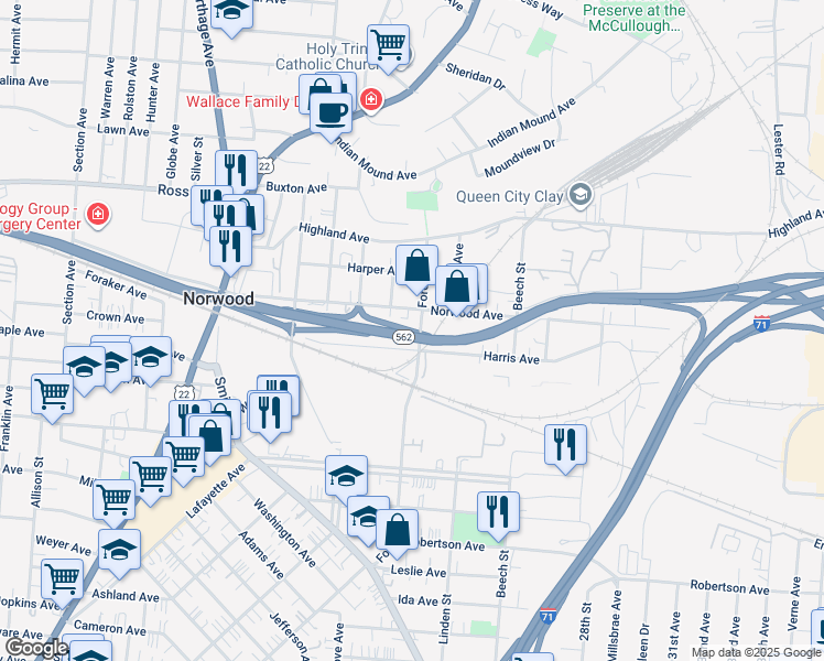map of restaurants, bars, coffee shops, grocery stores, and more near 4813 Forest Avenue in Cincinnati