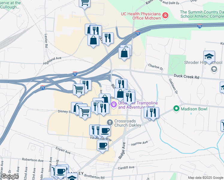 map of restaurants, bars, coffee shops, grocery stores, and more near 5029 Ridge Ave in Cincinnati
