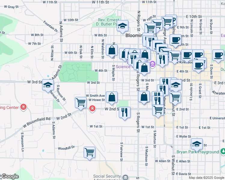 map of restaurants, bars, coffee shops, grocery stores, and more near 330 South Maple Street in Bloomington
