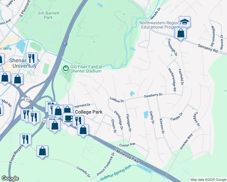 map of restaurants, bars, coffee shops, grocery stores, and more near 107 Keswick Court in Winchester