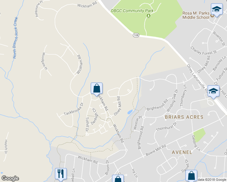 map of restaurants, bars, coffee shops, grocery stores, and more near 4612 Ripley Manor Terrace in Olney