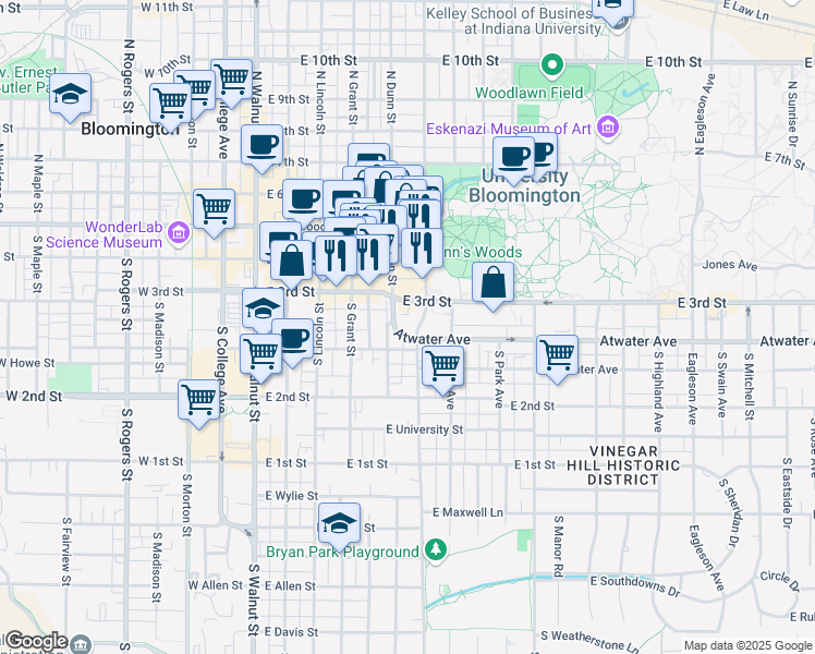 map of restaurants, bars, coffee shops, grocery stores, and more near 324 South Henderson Street in Bloomington