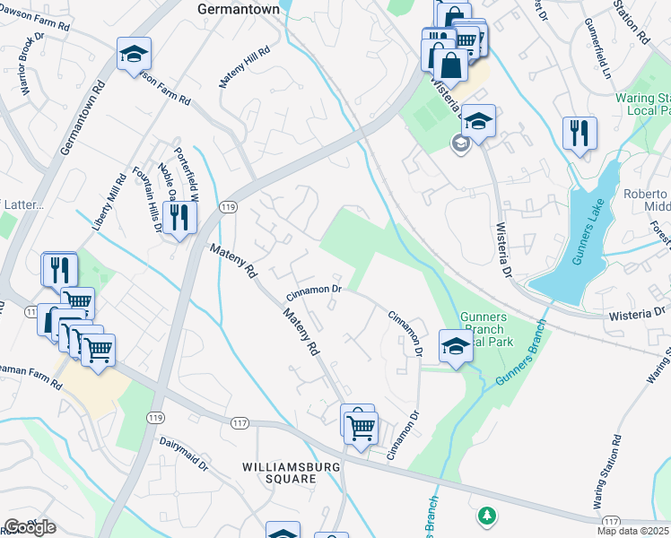 map of restaurants, bars, coffee shops, grocery stores, and more near 18722 Paprika Court in Germantown
