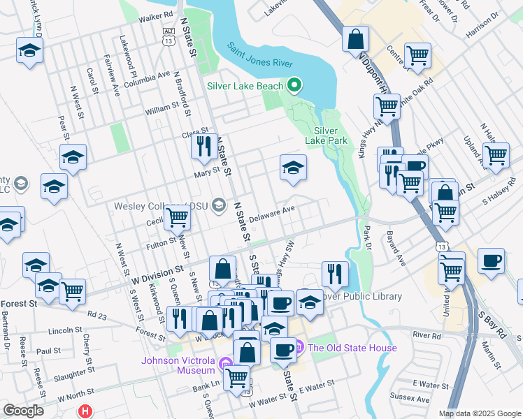 map of restaurants, bars, coffee shops, grocery stores, and more near 109 American Avenue in Dover