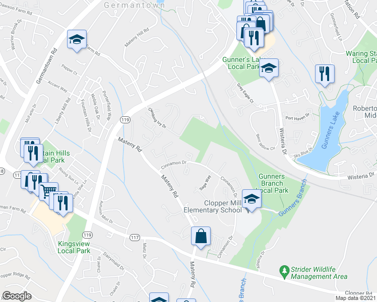 map of restaurants, bars, coffee shops, grocery stores, and more near 18722 Paprika Court in Germantown